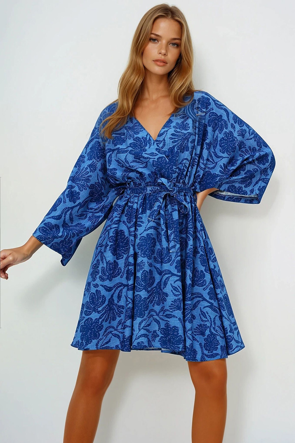 Lacivert Kruvaze Yaka Beli Büzgülü Keten Elbise