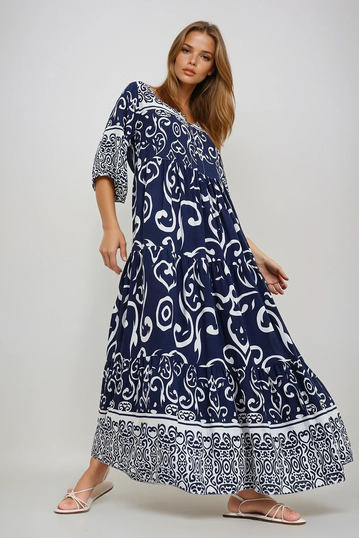 Lacivert Önden Bağcıklı Desenli Dokuma Viskon Elbise