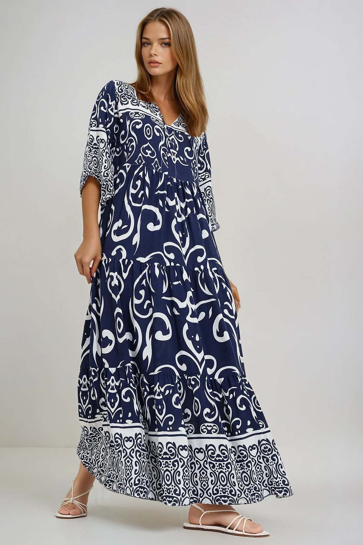 Lacivert Önden Bağcıklı Desenli Dokuma Viskon Elbise