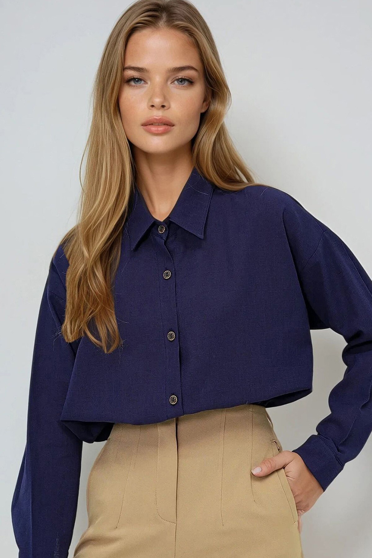 Lacivert Oversize Keten Gömlek