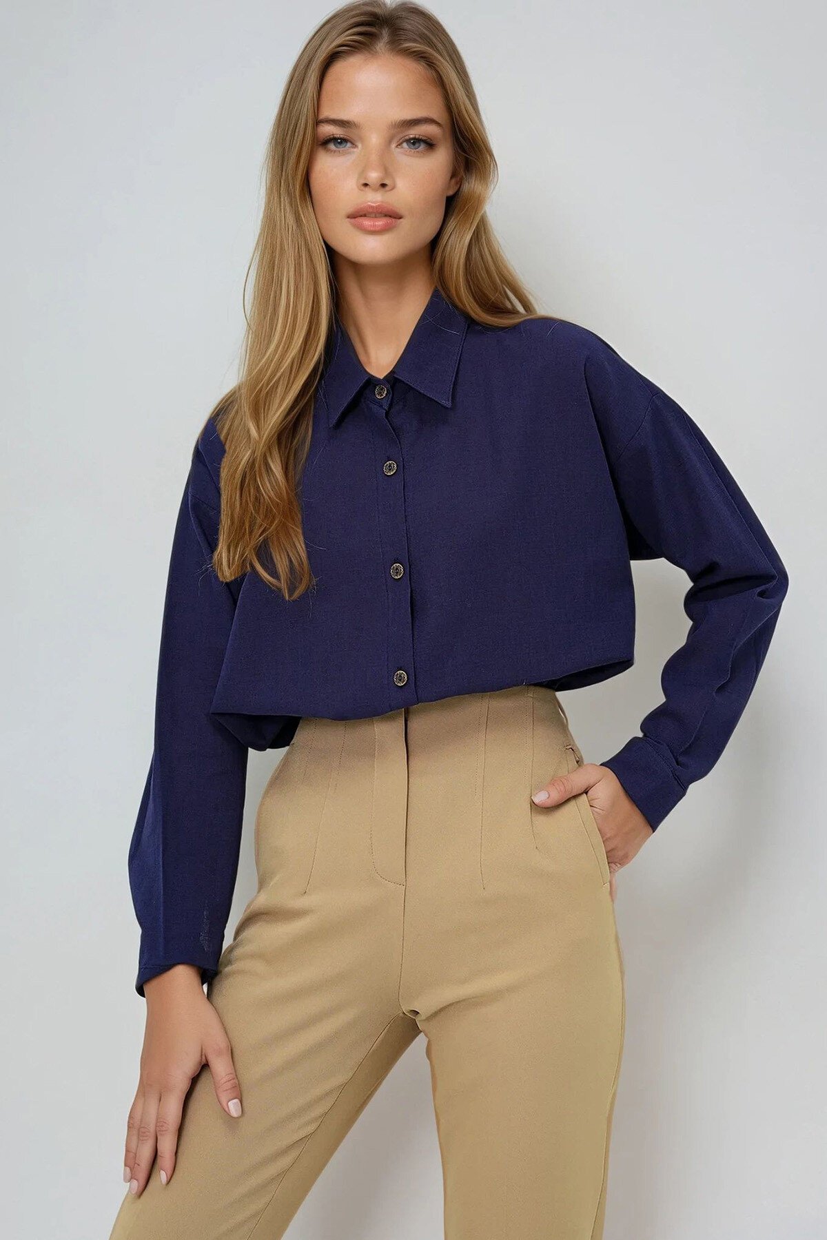 Lacivert Oversize Keten Gömlek