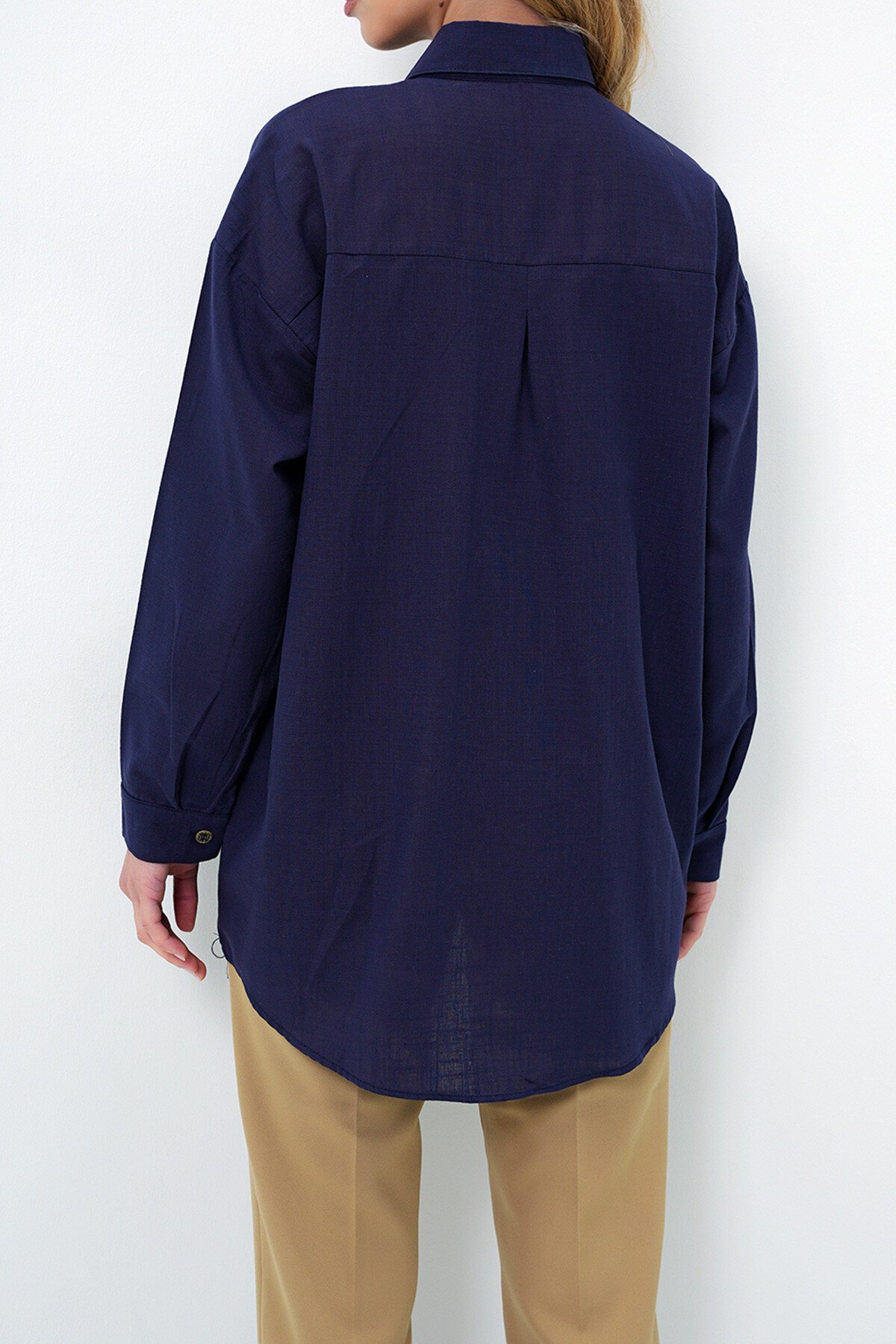 Lacivert Oversize Keten Gömlek