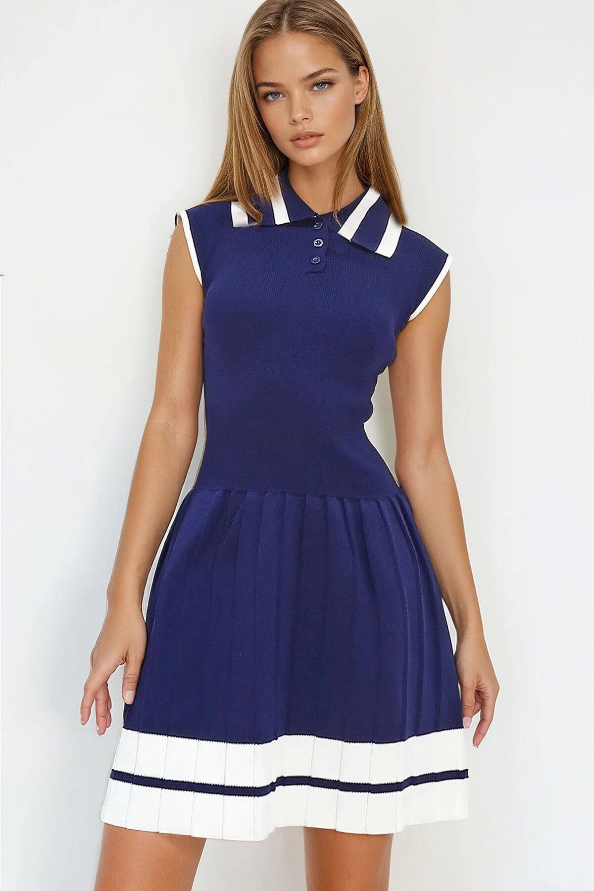 Lacivert Polo Yaka Şerit Detaylı Eteği Pileli Mini Elbise