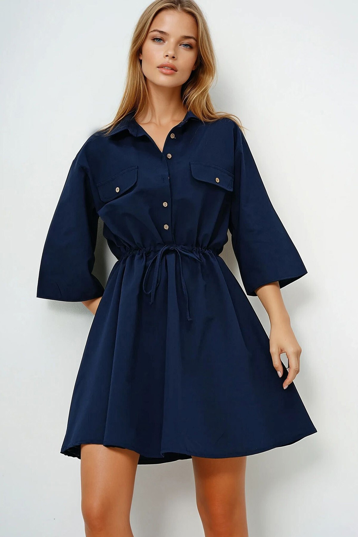 Lacivert Safari Dokuma Gömlek Elbise