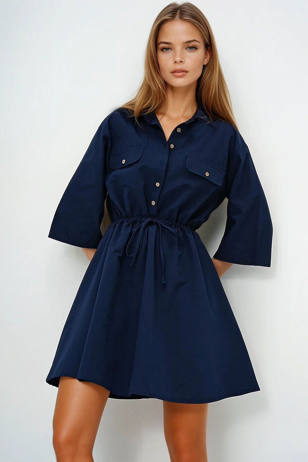 Lacivert Safari Dokuma Gömlek Elbise