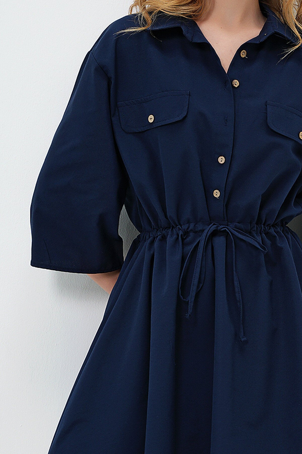 Lacivert Safari Dokuma Gömlek Elbise