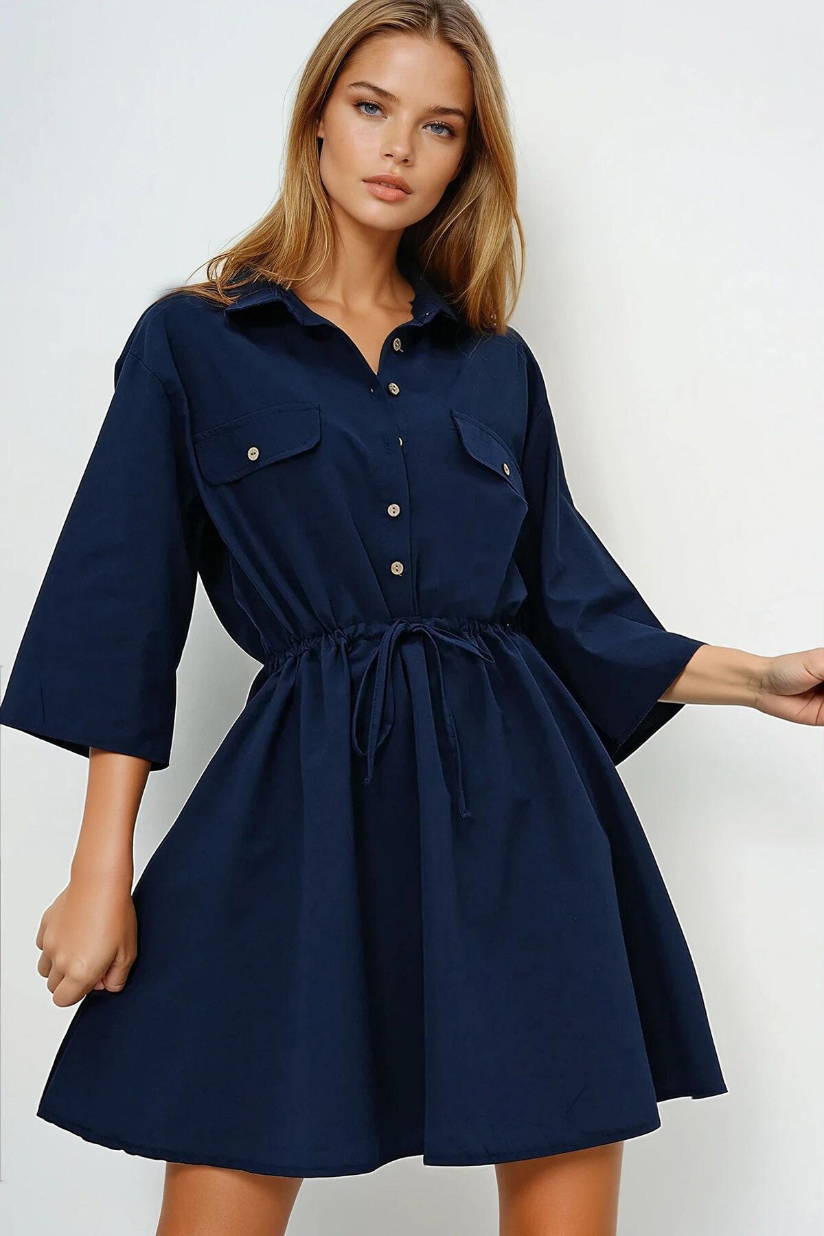 Lacivert Safari Dokuma Gömlek Elbise