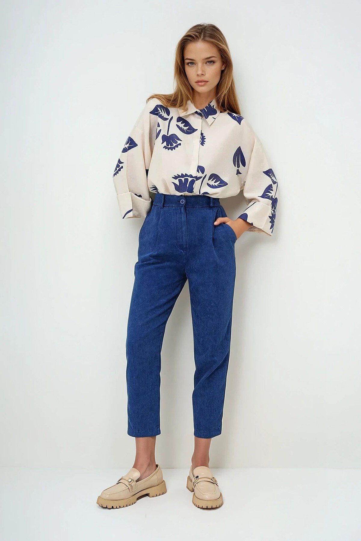 Lacivert Soluk Efektli Çift Cepli Havuç Pantolon