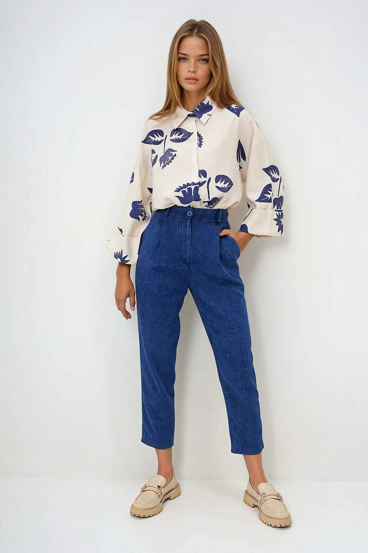 Lacivert Soluk Efektli Çift Cepli Havuç Pantolon