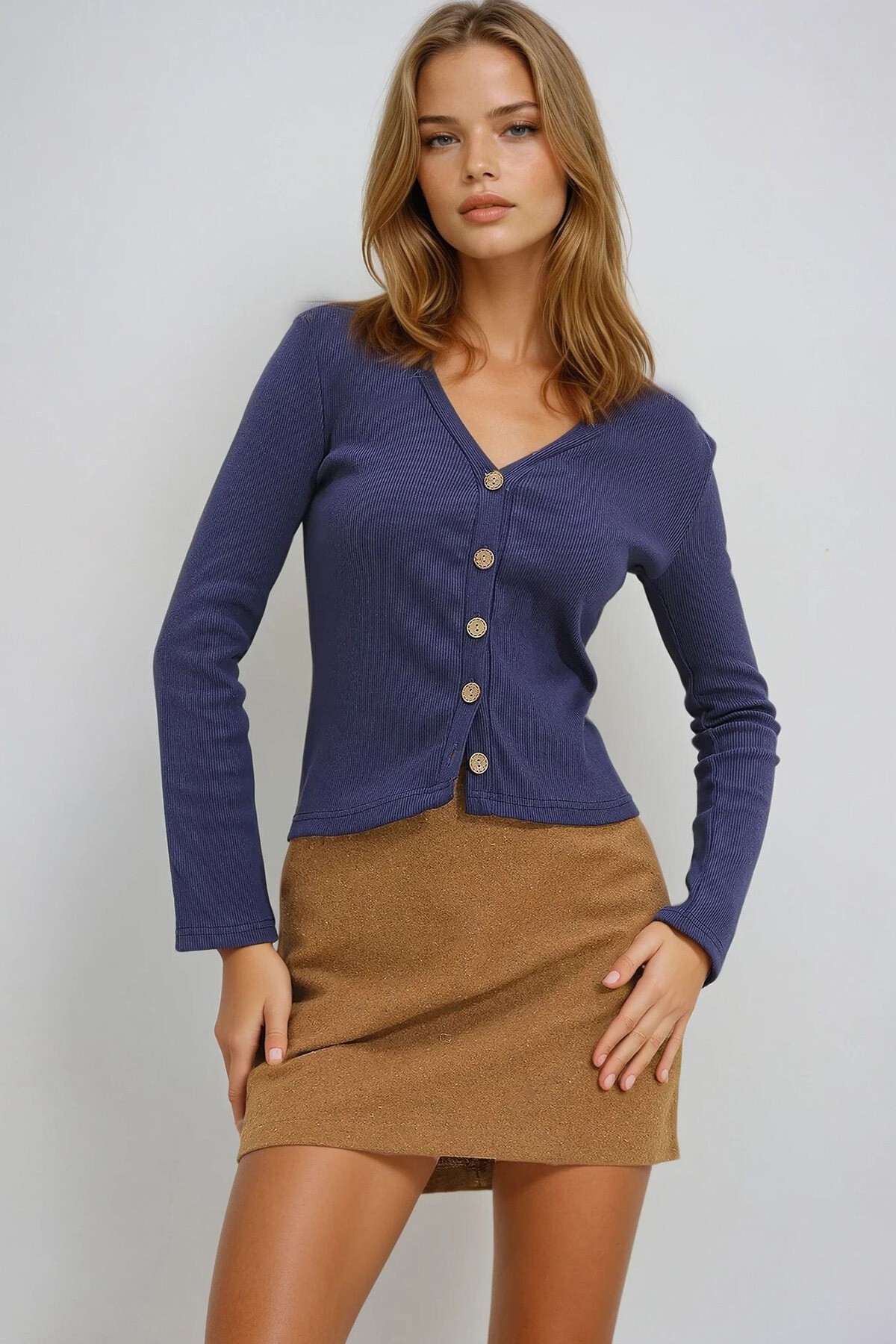 Lacivert V Yaka Düğme Detaylı Fitilli Örme Hırka
