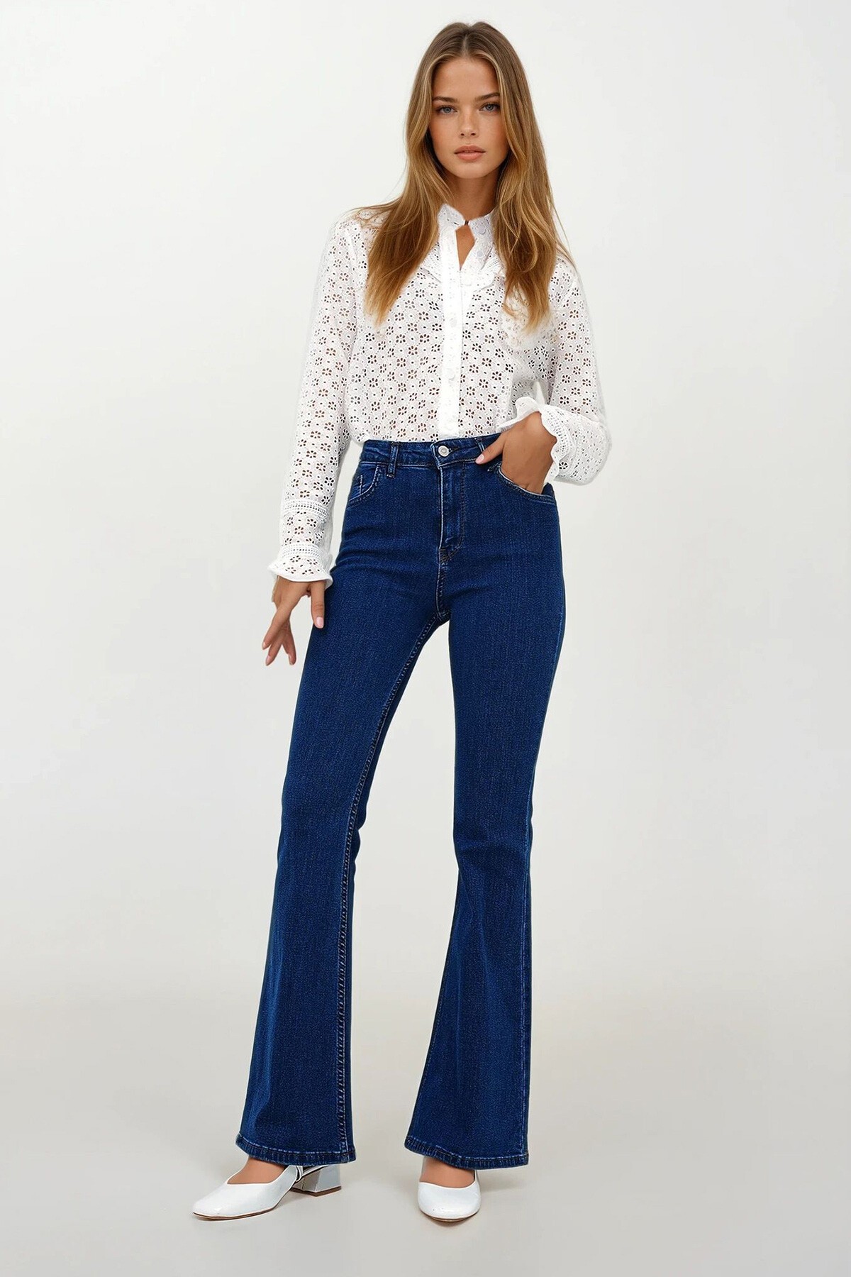 Lacivert Yüksek Bel Yıkamalı İspanyol Paça Jean Pantolon