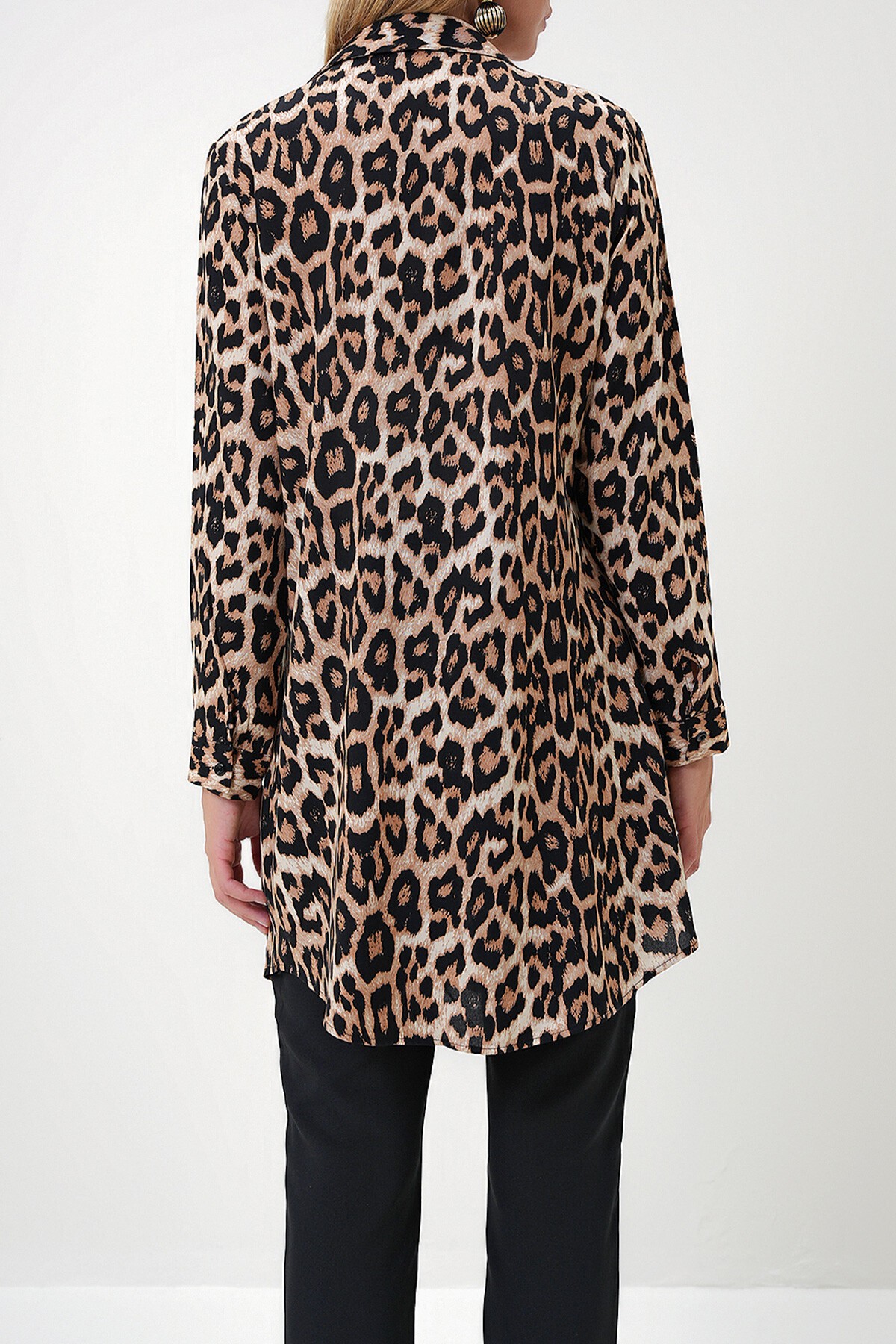 Leopar Sulu Boya Desenli Poplin Gömlek