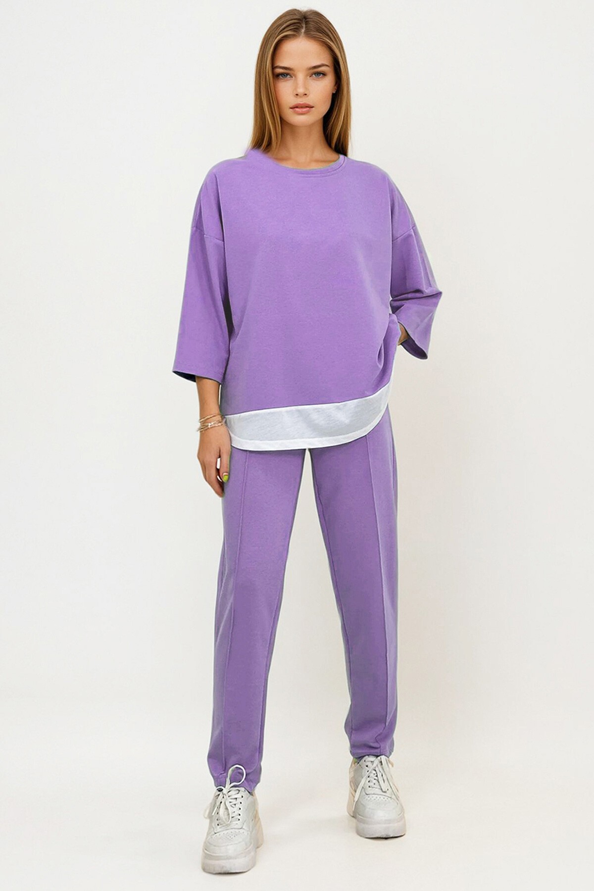 Lila Bisiklet Yaka Renk Garnili Bluz Ve Çift Cepli Nervür Dikişli Pantolon İkili Takım
