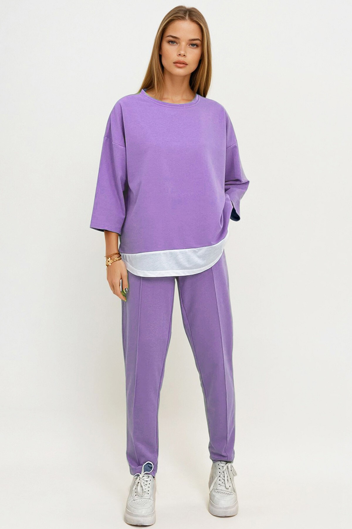 Lila Bisiklet Yaka Renk Garnili Bluz Ve Çift Cepli Nervür Dikişli Pantolon İkili Takım