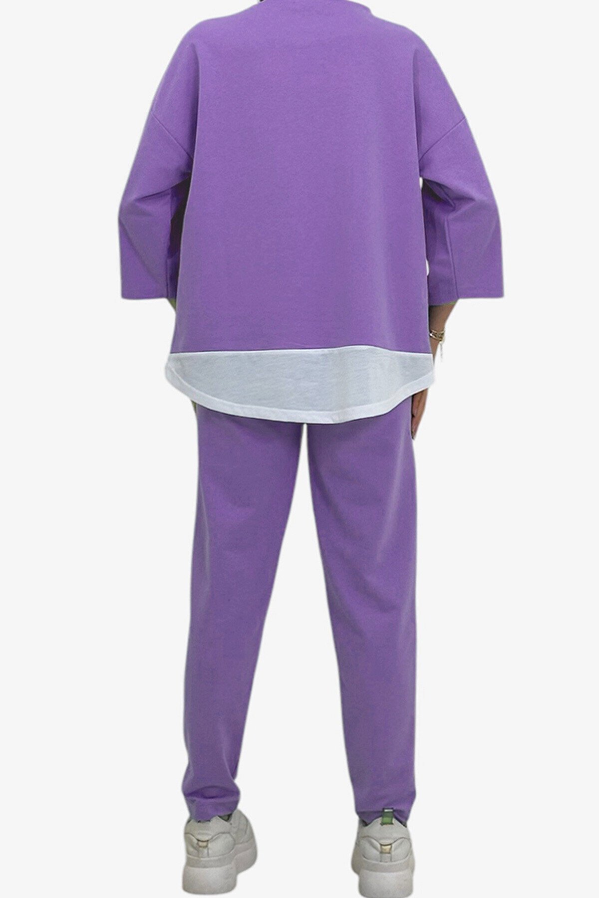 Lila Bisiklet Yaka Renk Garnili Bluz Ve Çift Cepli Nervür Dikişli Pantolon İkili Takım