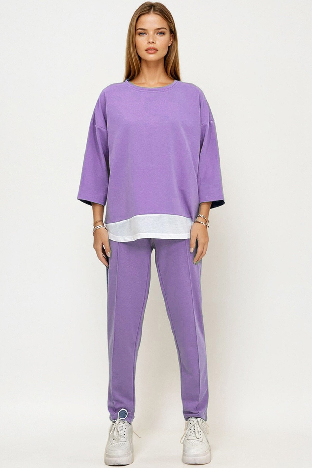 Lila Bisiklet Yaka Renk Garnili Bluz Ve Çift Cepli Nervür Dikişli Pantolon İkili Takım