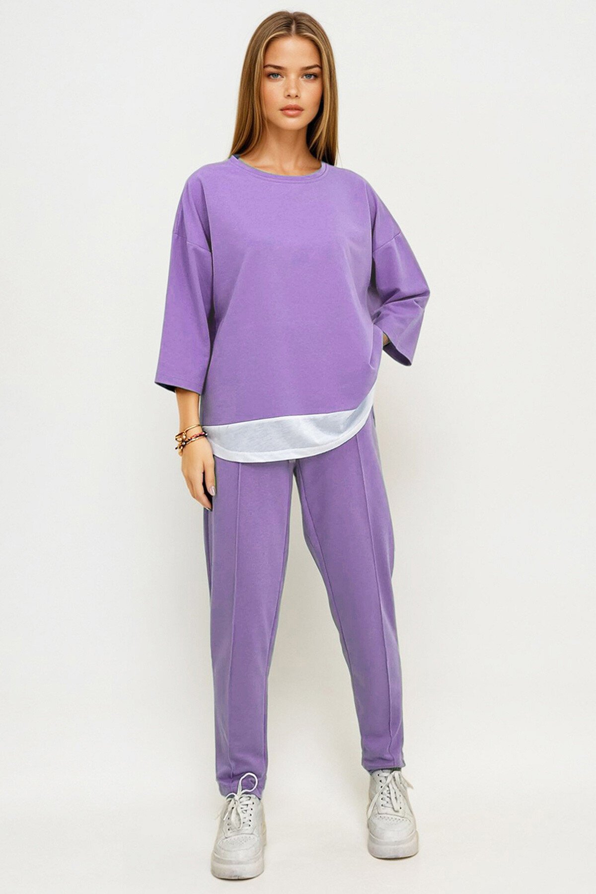 Lila Bisiklet Yaka Renk Garnili Bluz Ve Çift Cepli Nervür Dikişli Pantolon İkili Takım