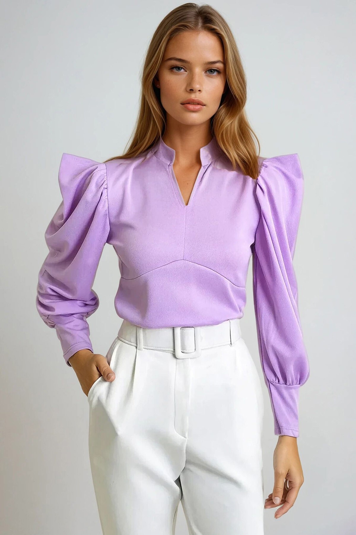 Lila Hakim Yaka Prenses Kol Dokuma Crop Bluz