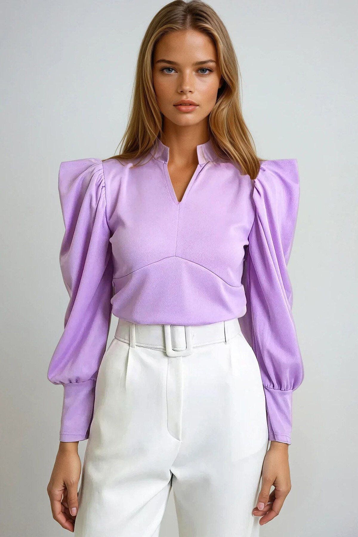 Lila Hakim Yaka Prenses Kol Dokuma Crop Bluz