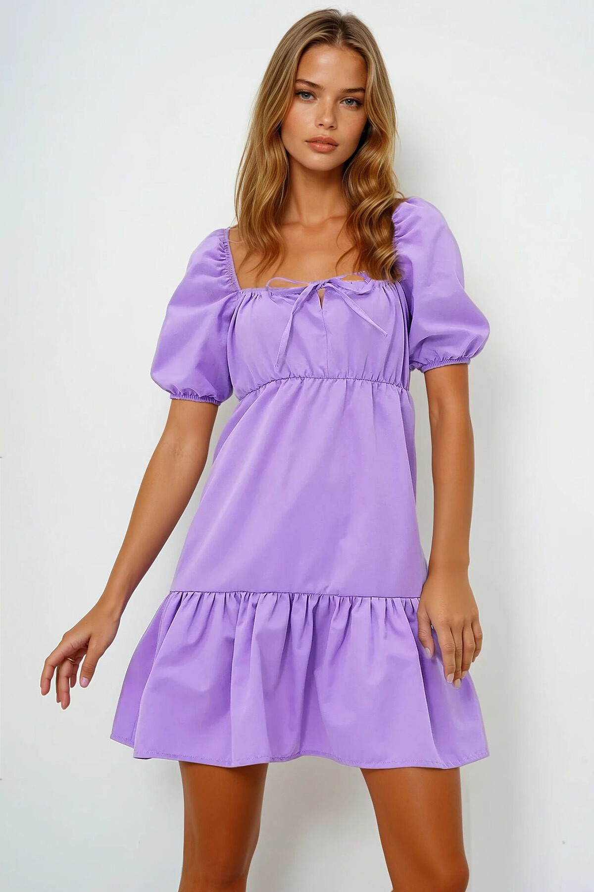 Lila Kare Yaka Balon Kol Poplin  Mini Elbise