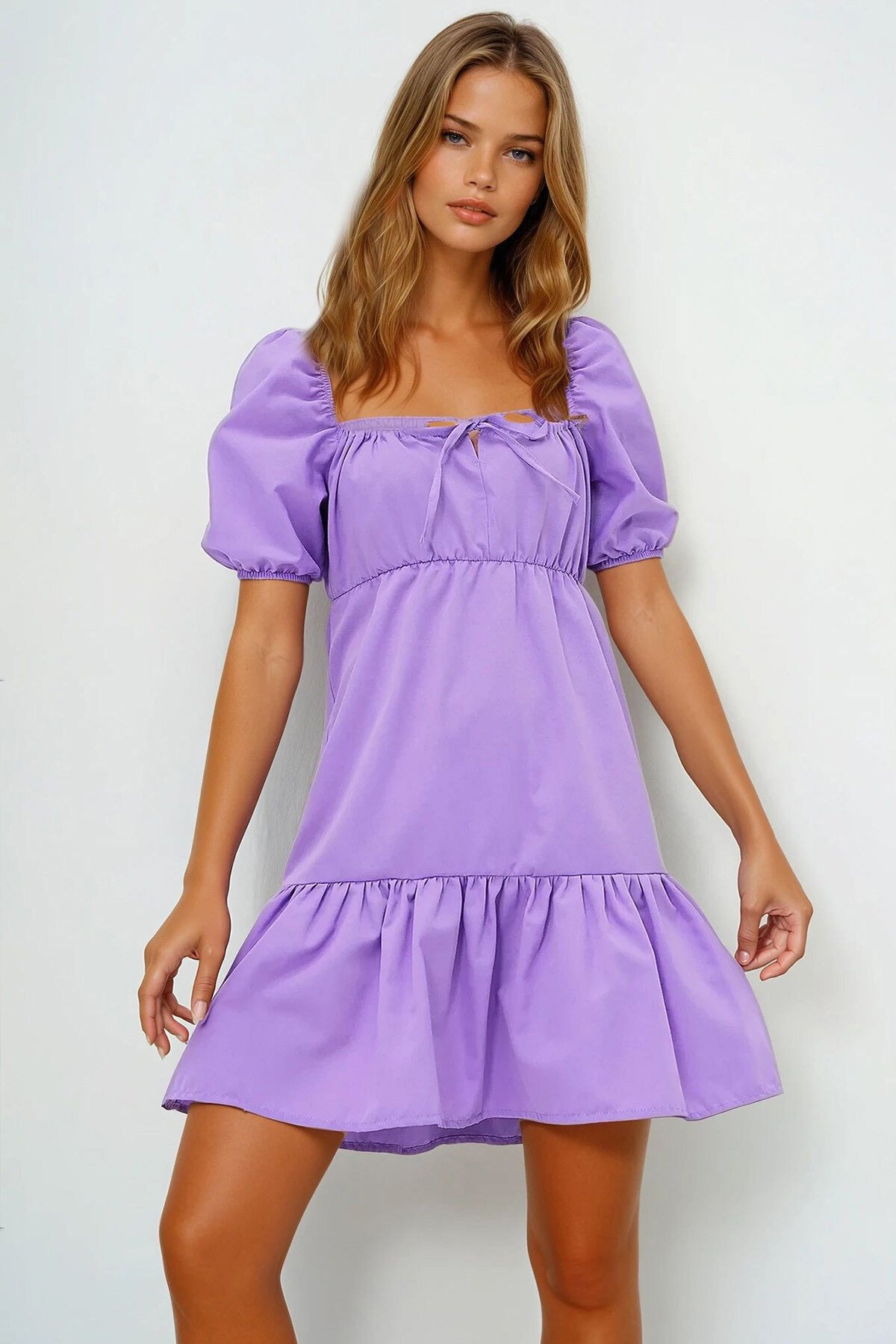 Lila Kare Yaka Balon Kol Poplin  Mini Elbise