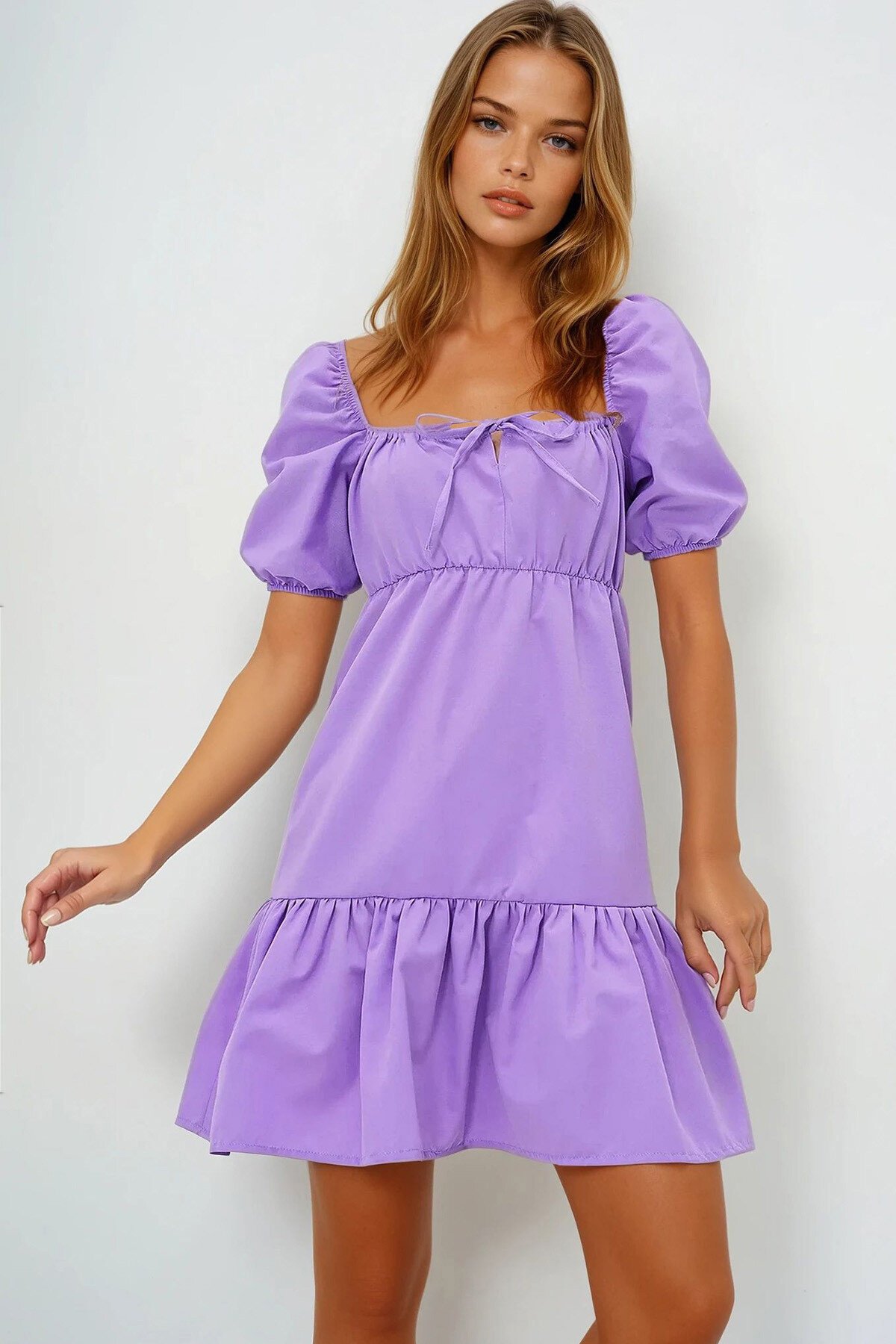 Lila Kare Yaka Balon Kol Poplin  Mini Elbise