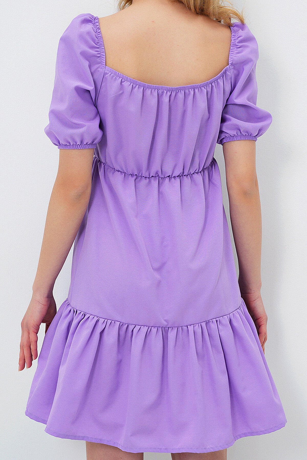 Lila Kare Yaka Balon Kol Poplin  Mini Elbise