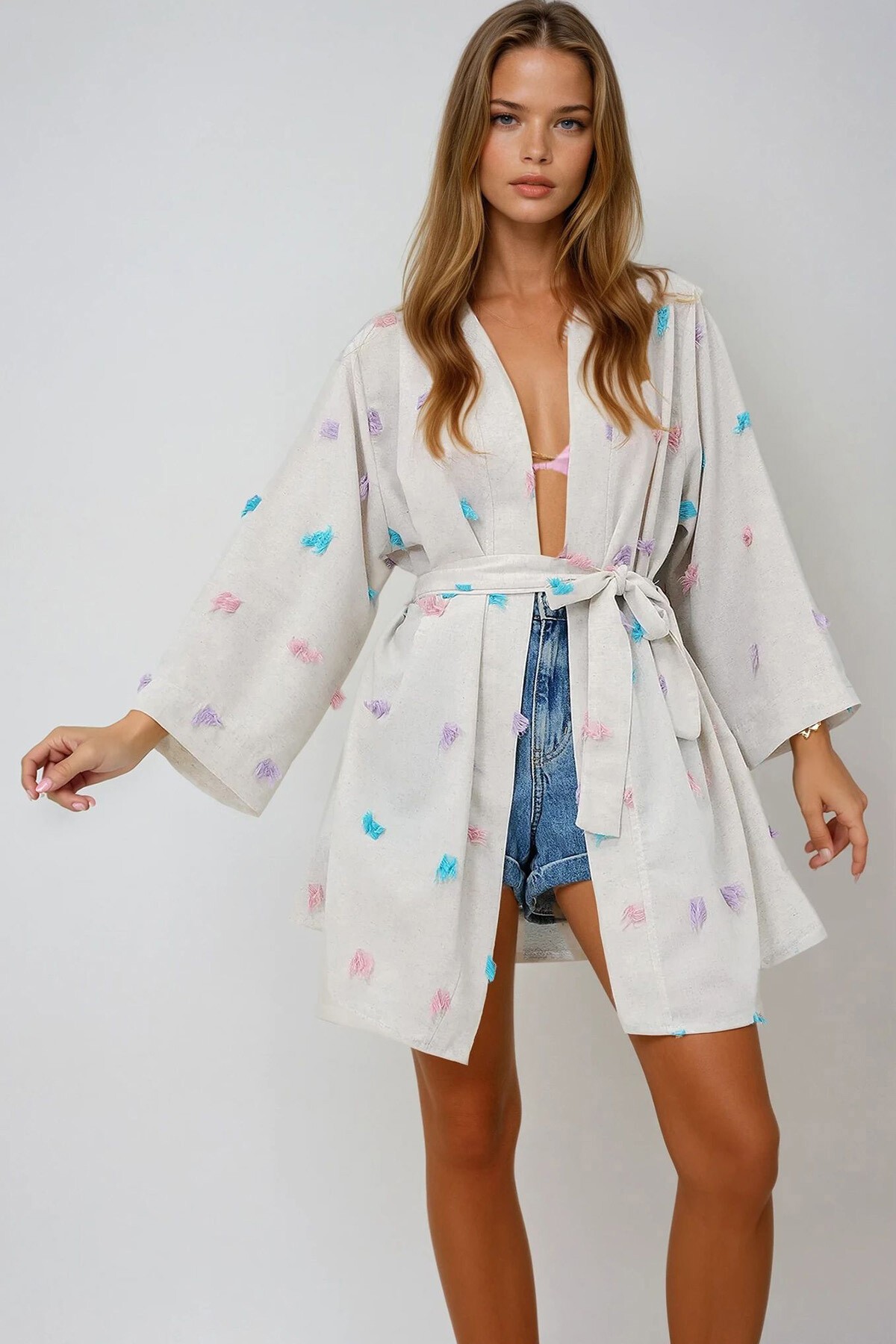 Lila Keten Görünümlü Püskül Detaylı Beli Kuşaklı Kimono Ceket