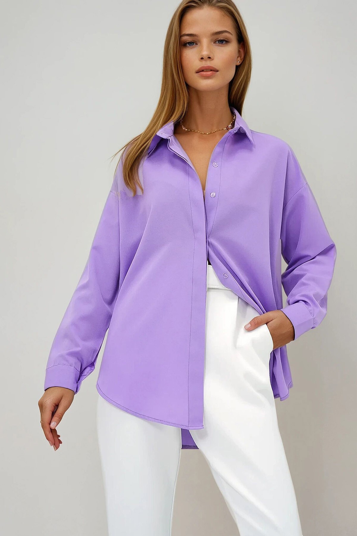 Lila Oversize Uzun Dokuma Gömlek