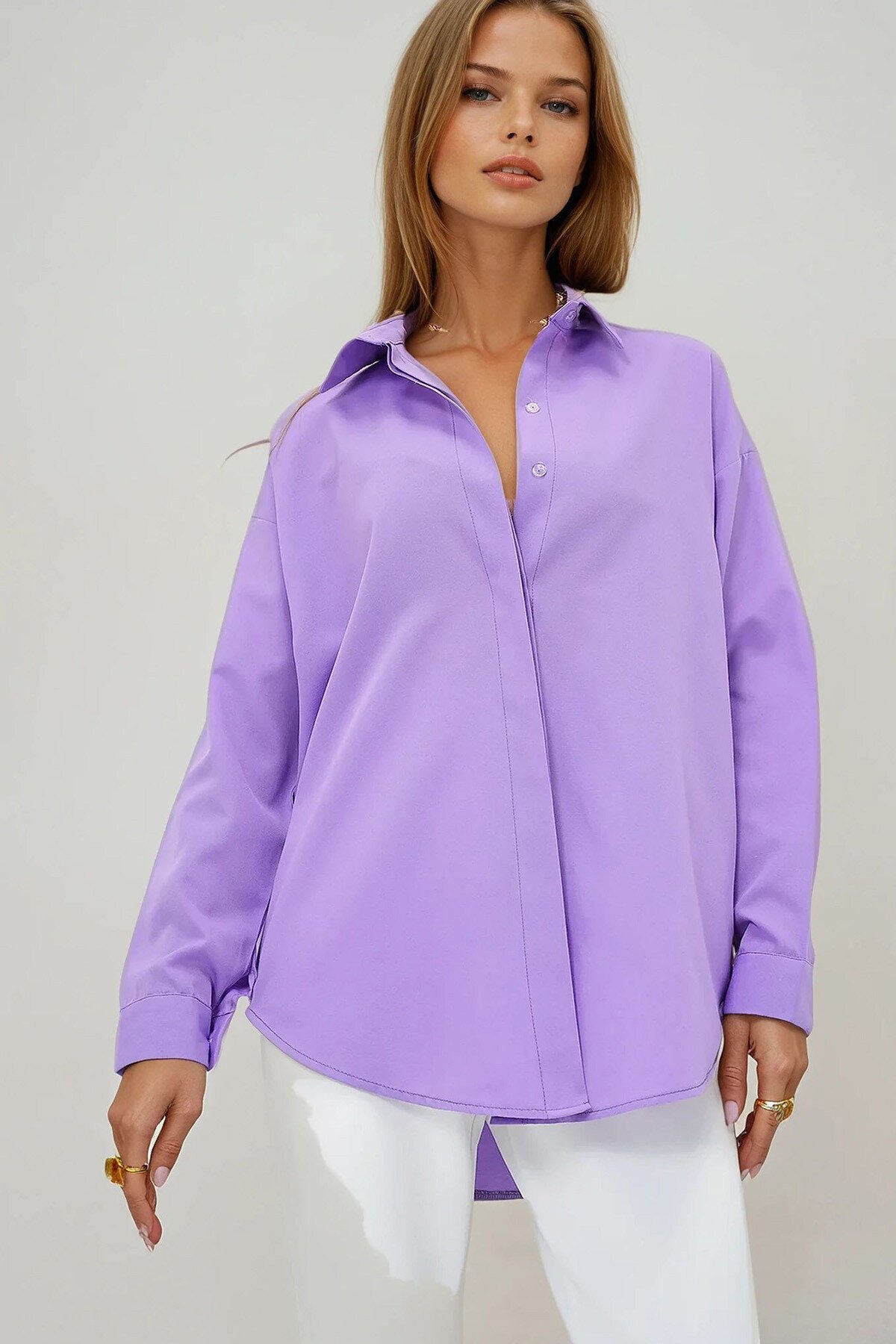 Lila Oversize Uzun Dokuma Gömlek