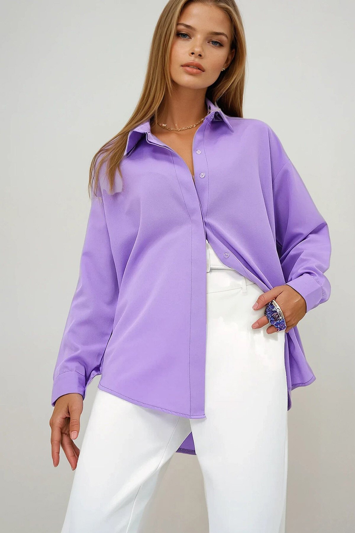 Lila Oversize Uzun Dokuma Gömlek
