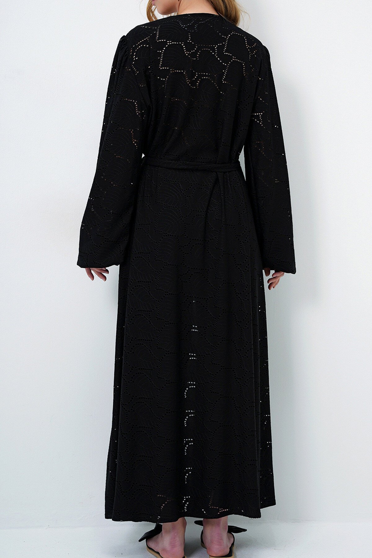 Mat Siyah Kendinden Dokulu Ajurlu Uzun Pantolonlu Kimono Takım