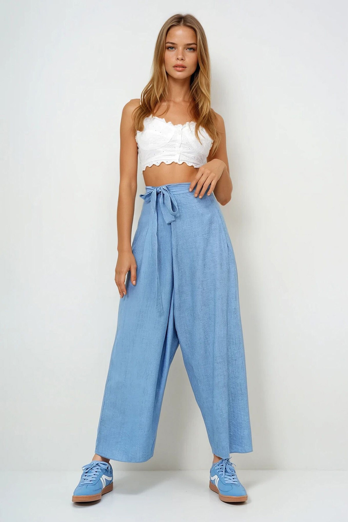 Mavi Bağlama Detaylı Şalvar Kesim Aerobin Pantolon