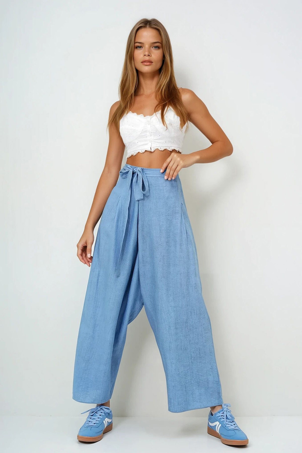 Mavi Bağlama Detaylı Şalvar Kesim Aerobin Pantolon