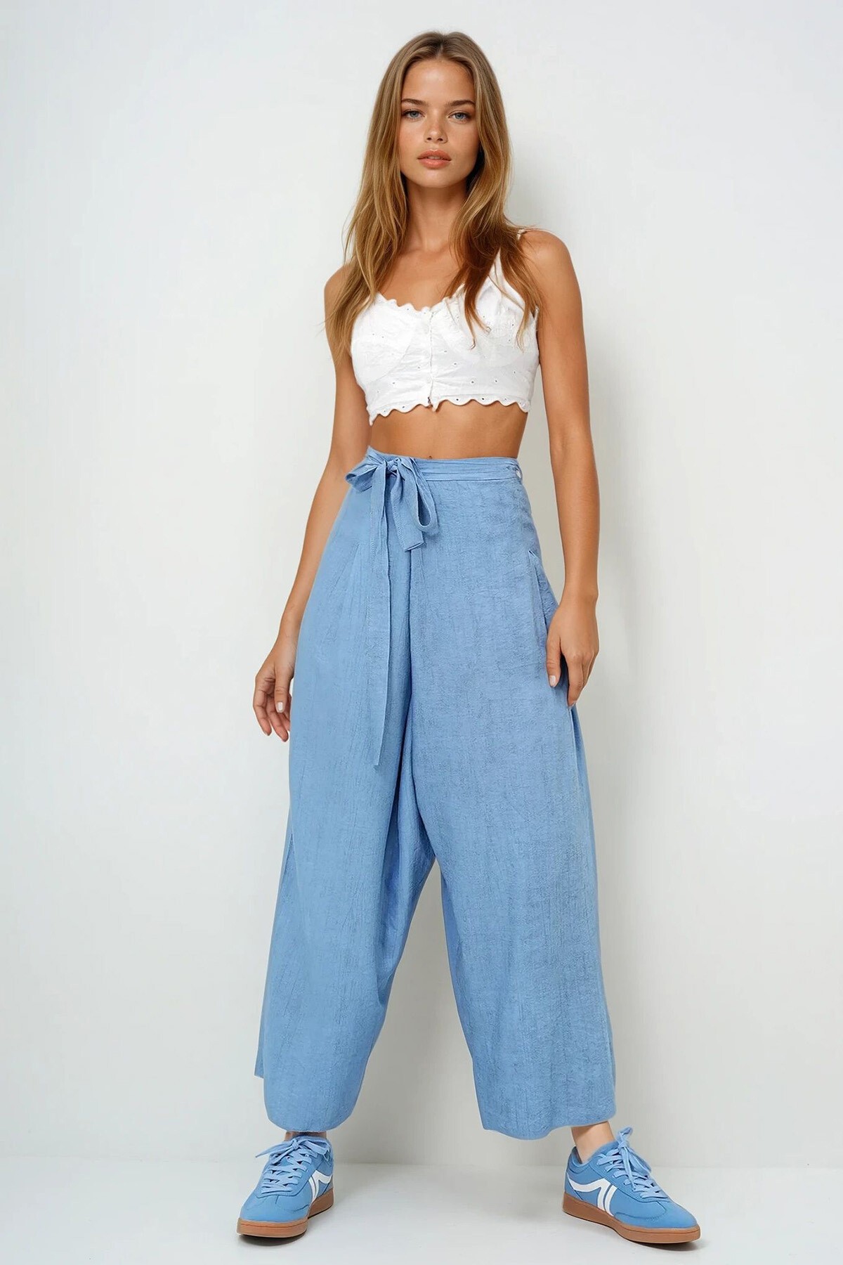 Mavi Bağlama Detaylı Şalvar Kesim Aerobin Pantolon