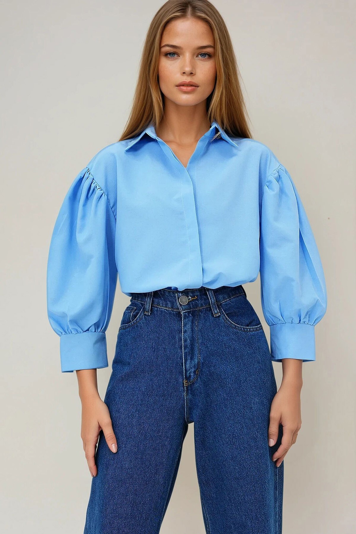 Mavi Balon Kol Gizli Patlı Basic Poplin Gömlek