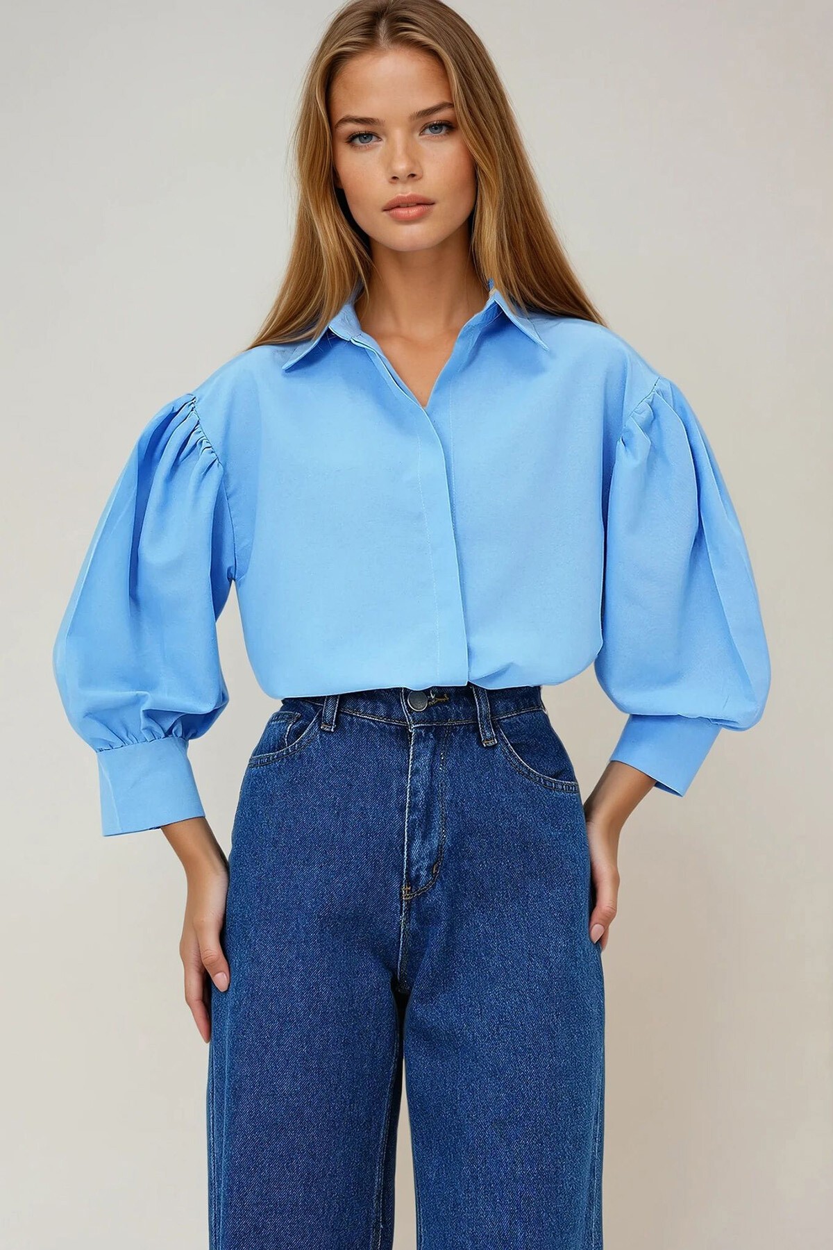 Mavi Balon Kol Gizli Patlı Basic Poplin Gömlek