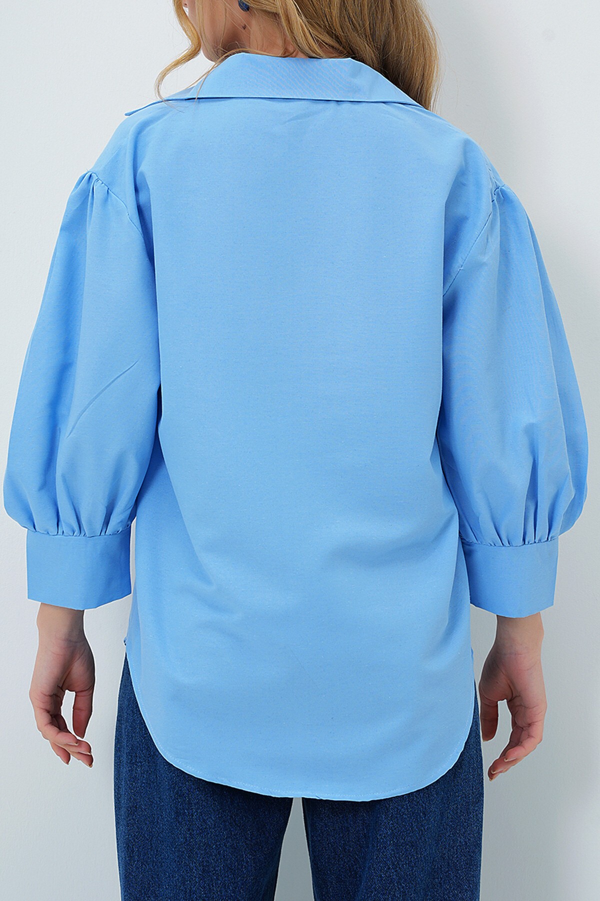Mavi Balon Kol Gizli Patlı Basic Poplin Gömlek