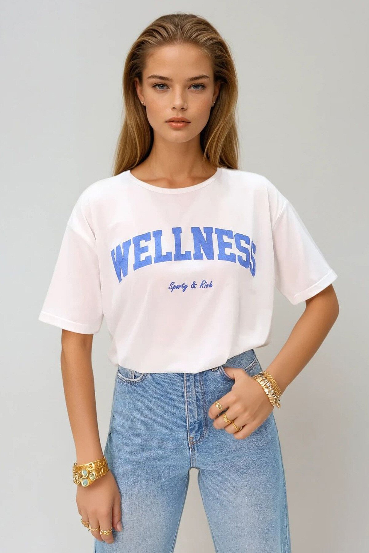 Mavi Bisiklet Yaka Baskılı Oversize Pamuklu T Shirt