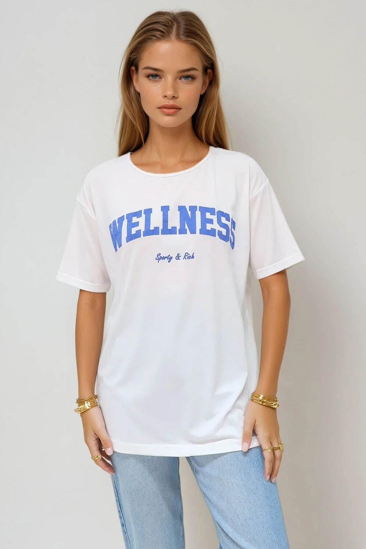 Mavi Bisiklet Yaka Baskılı Oversize Pamuklu T Shirt