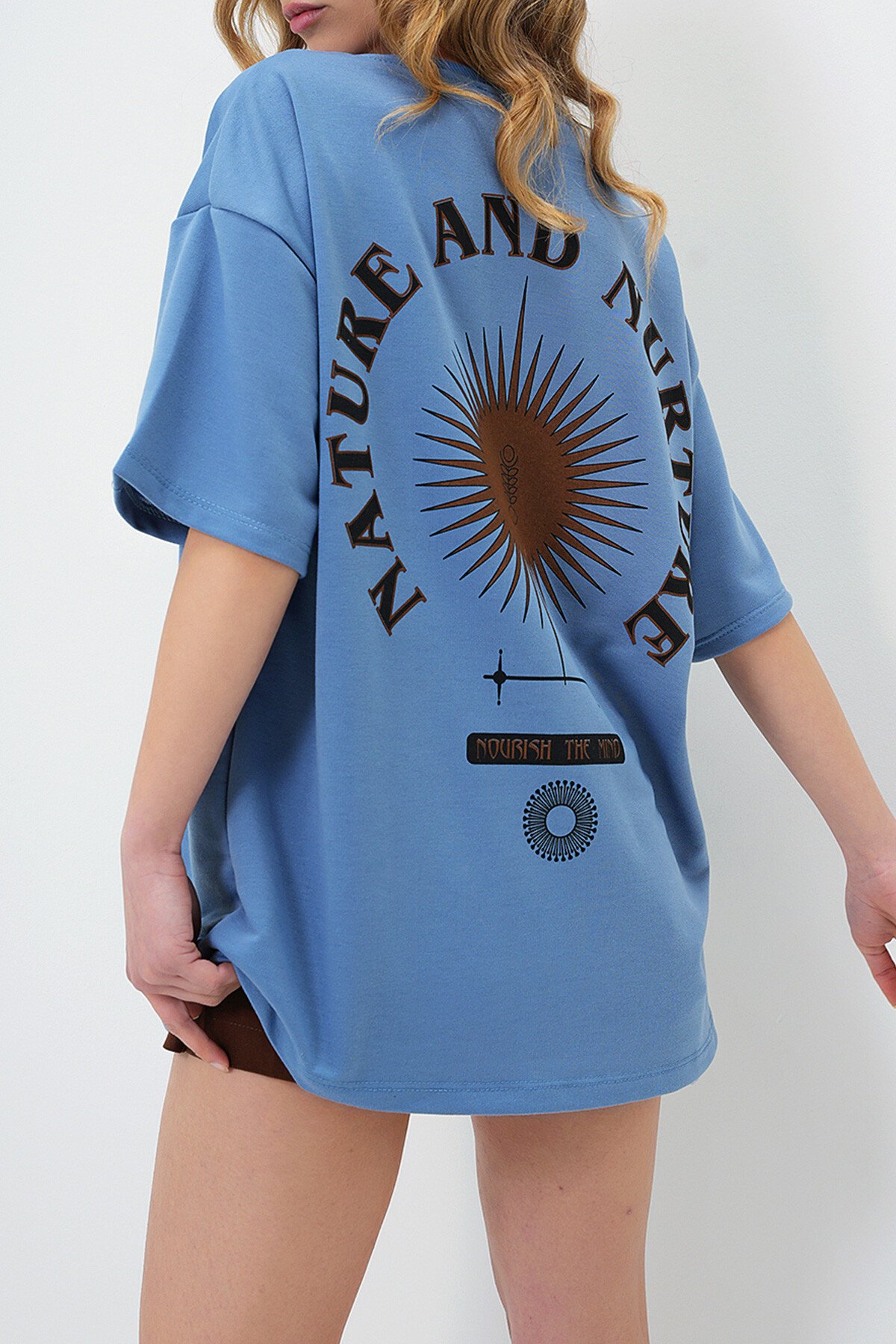 Mavi Bisiklet Yaka Baskılı Oversize Unisex T Shirt