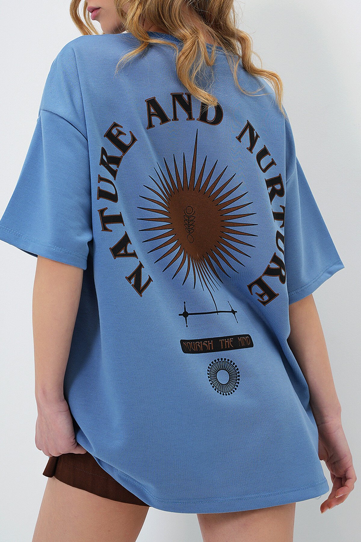 Mavi Bisiklet Yaka Baskılı Oversize Unisex T Shirt