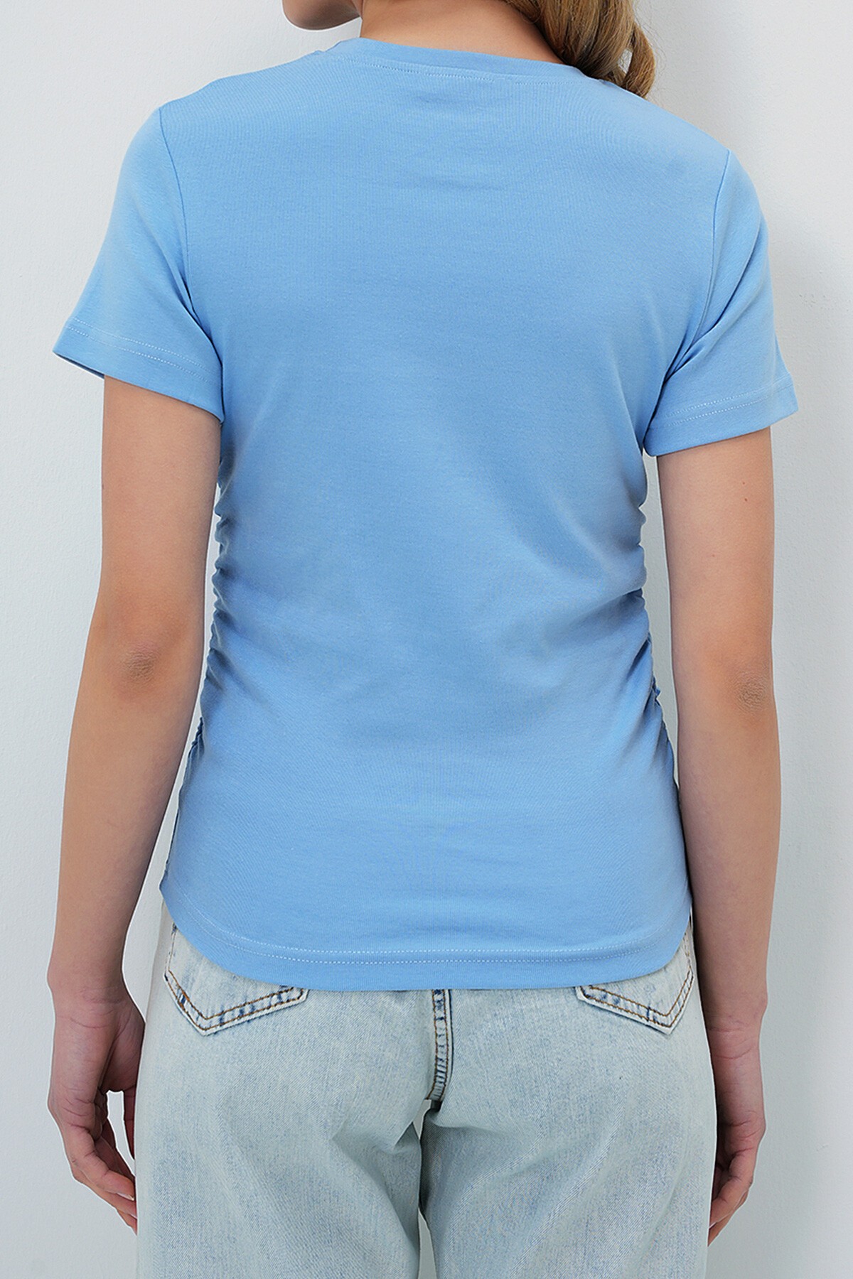 Mavi Bisiklet Yaka Fiyonk İşlemeli Drapeli Bluz