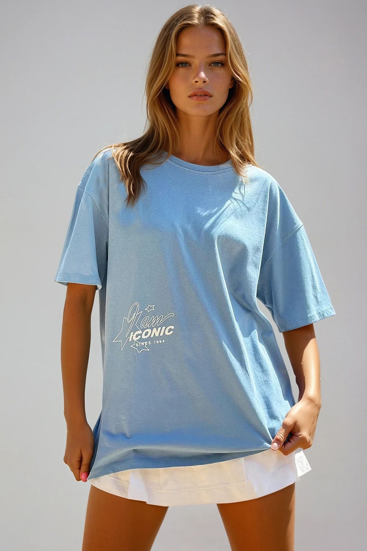 Mavi Bisiklet Yaka Ön Ve Sırt İconic Baskılı Oversize T Shirt