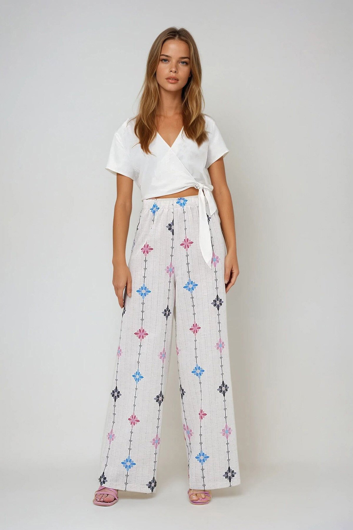 Mavi Çiçek Desenli Beli Lastikli Keten Pantolon