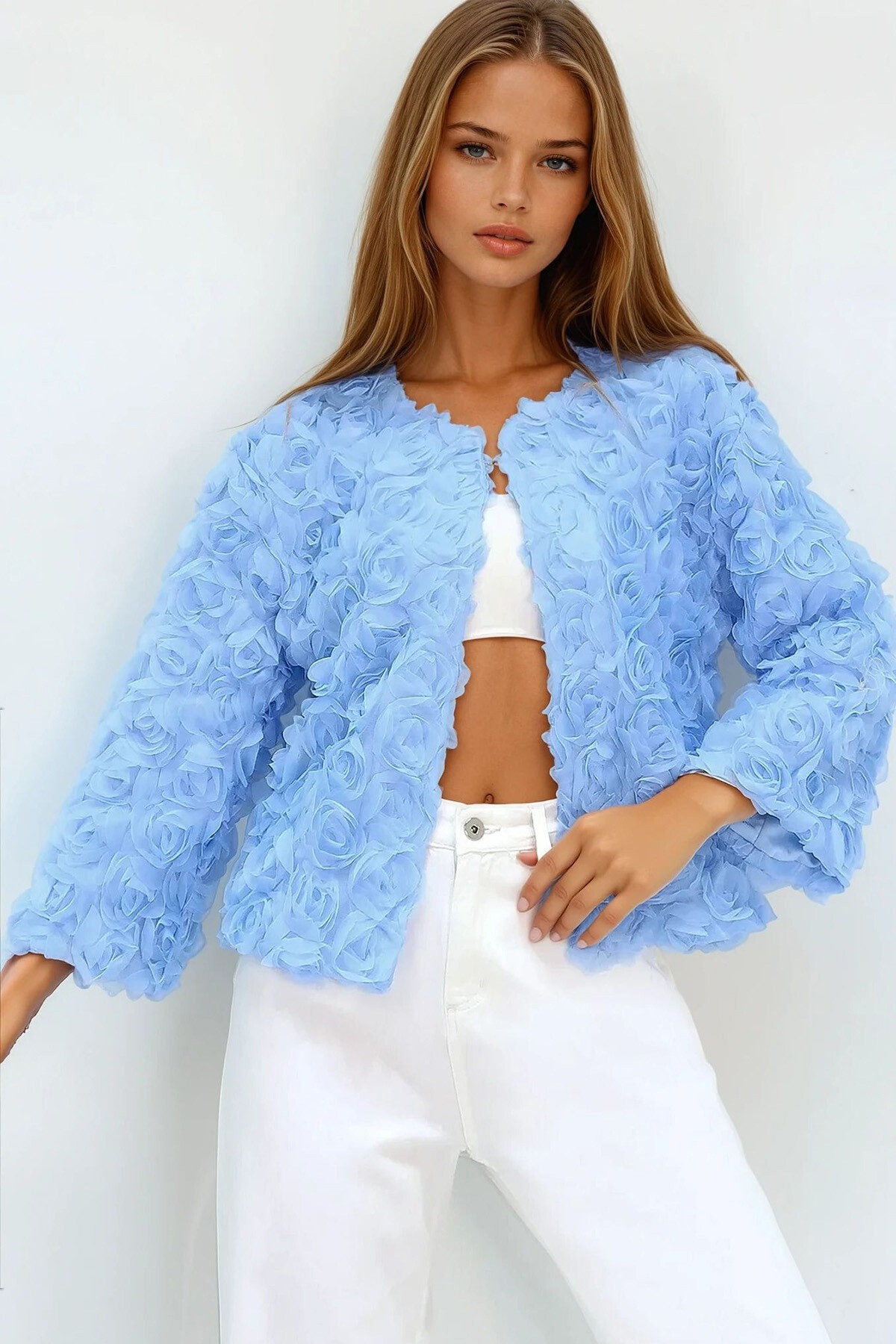 Mavi Çiçek Motifli Astarlı Crop Ceket