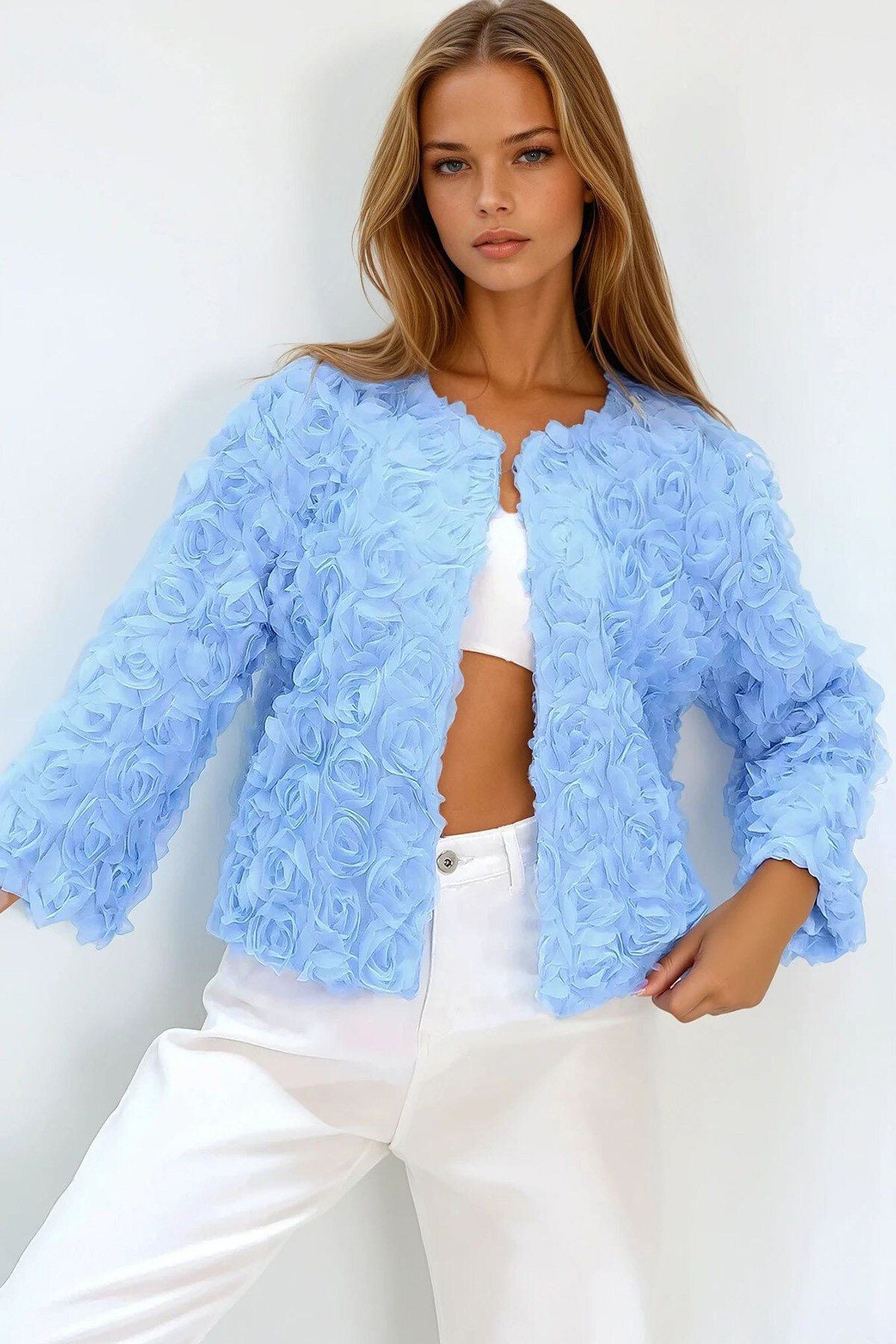 Mavi Çiçek Motifli Astarlı Crop Ceket