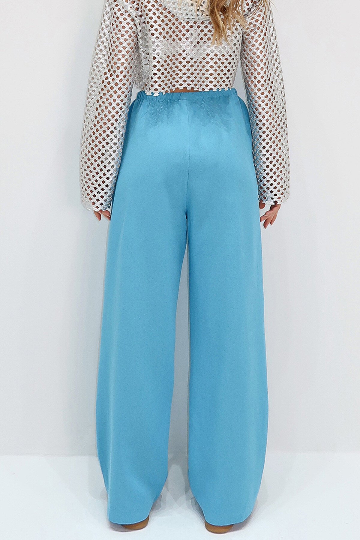 Mavi Çift Cepli Beli Lastikli Keten Geniş Paça Pantolon