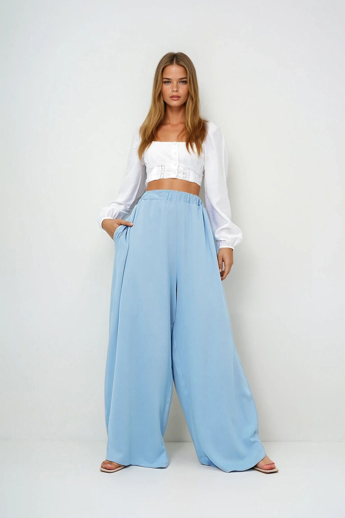 Mavi Çift Cepli Dökümlü Bol Kesim Dokuma Pantolon