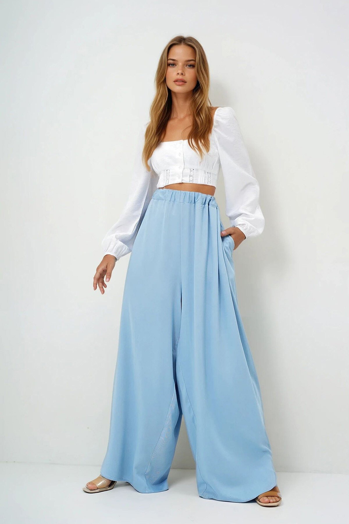 Mavi Çift Cepli Dökümlü Bol Kesim Dokuma Pantolon